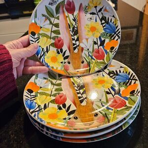 Plates PIER 1 Mod Floral Bunny SALAD Appetizer Desert Spring Easter Party Dish 4